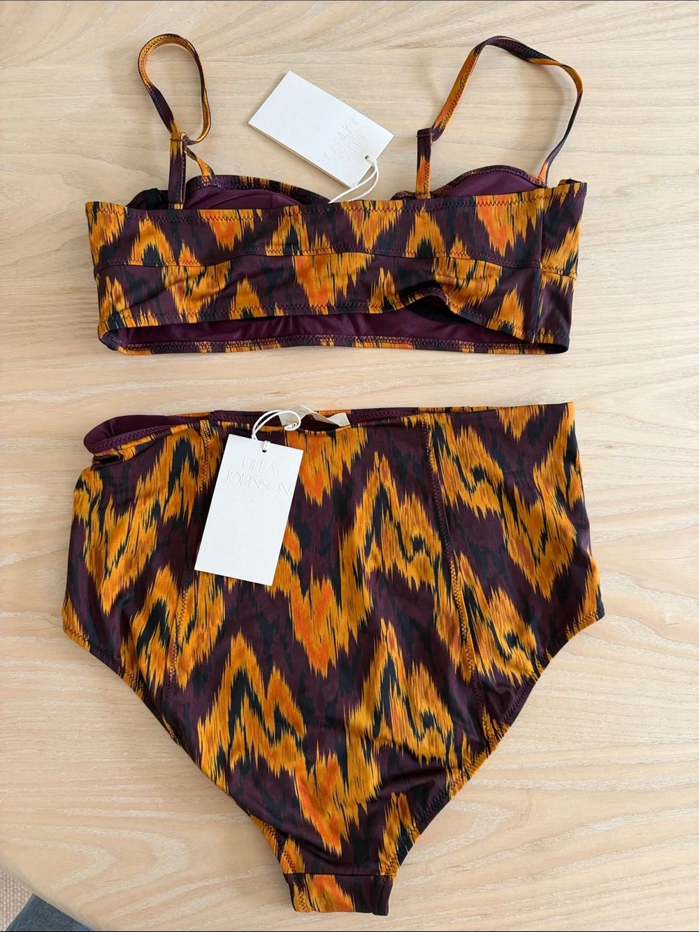 Ulla Johnson Zahara  Ikat-Print Bikini Set in Mustard & Plum size Large